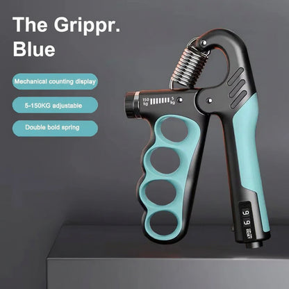 Blue and black mechanical counting gripper on a gray background