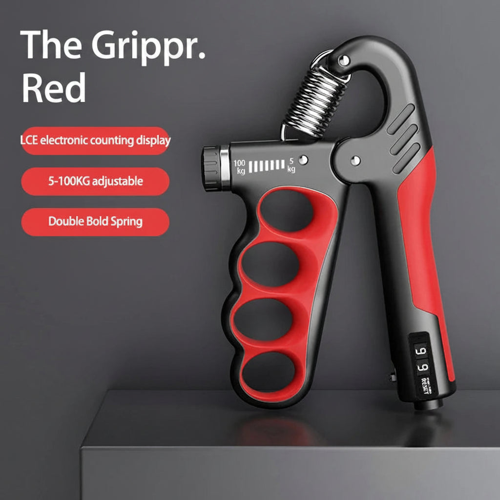 Red and black mechanical counting gripper on a dark background with text detailing features.