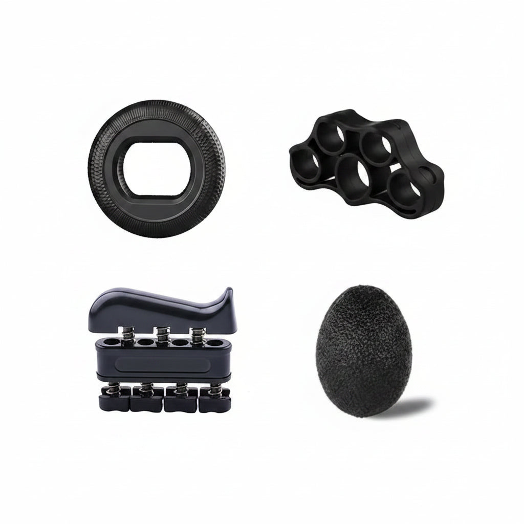 Hand grip strengthener with accessories on a white background