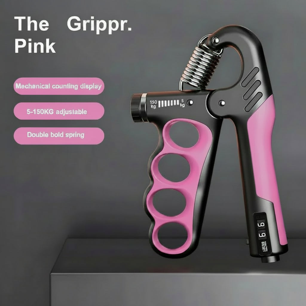 Pink and black mechanical counting gripper on a gray background