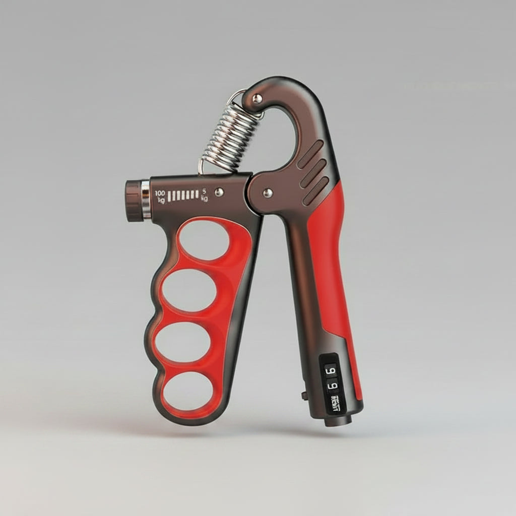 Red and black hand grip trainer with measurement details on a dark background