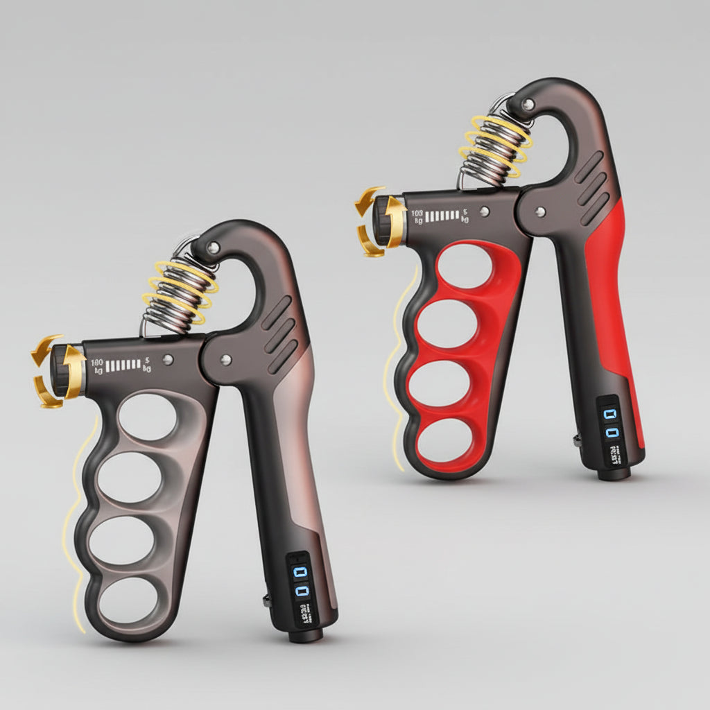 Two adjustable hand grip exercisers with digital display on a dark background