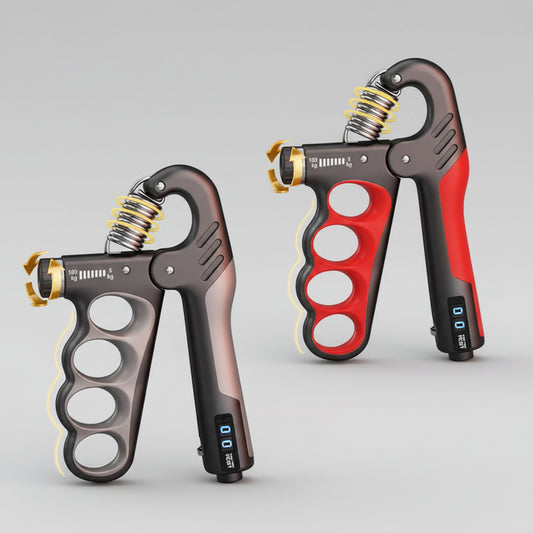 Two adjustable hand grip exercisers with digital display on a dark background