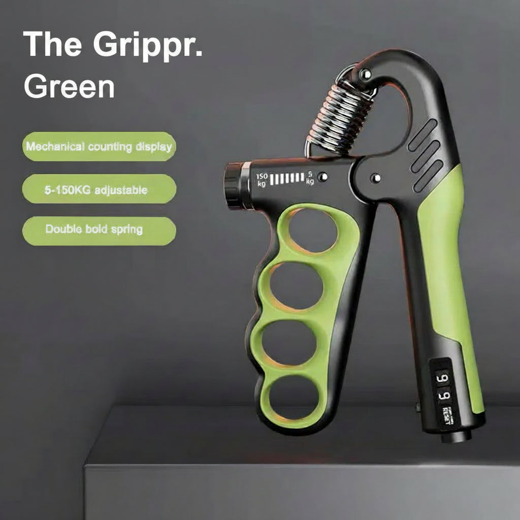 Green and black mechanical counting gripper on a dark background